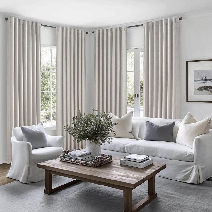 Pleat Linen Blend Room Darkening Curtains 84 Inch Length 2 Panels Set for Living Room, Natural Melange Grey for Bedroom Windows Blackout Drapes Heat Blocking Curtain for Summer Heat (50"Wx84"L)