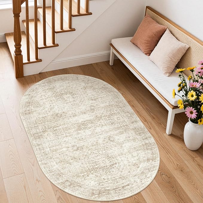 3x5 Oval Rug for Bedroom,Washable Area Rug,Beige | Small Rug for Dining Room,Living Room,Dorm,Thin,Soft, Neutral Rug,Stain Resistant Indoor Carpet,Non Slip