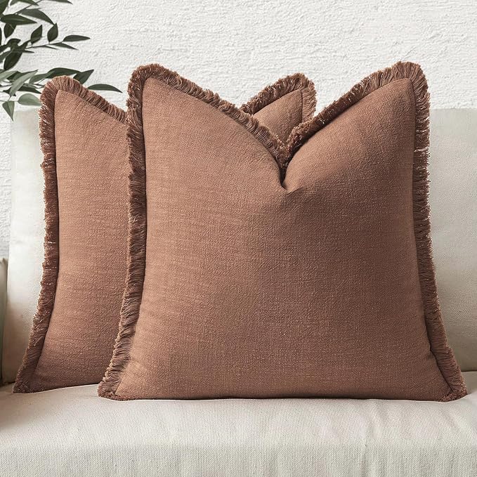MIULEE Decorative Throw Pillow Covers Neutral Linen Fringe Throw Pillows Euro Shams Set of 2 Brick Boho Farmhouse Cushion Covers for Couch Sofa Bed Living Room Fall Home Decor 24x24 Inch