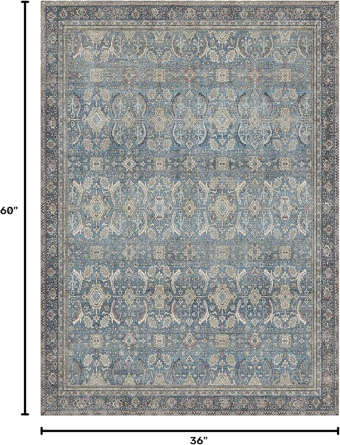 BESBLEE 3X5 Area Rugs Machine Washable Rugs for Living Room, Vintage Boho Large Rugs for Bedroom Dining Room, Non Slip Indoor Soft Distressed Lightweight Thin Low Pile Carpet, Vintage Blue