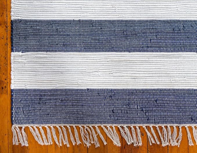 Unique Loom Chindi Rag Collection Area Rug - Striped (5' 1" x 8' Rectangle, Navy Blue/ Ivory)