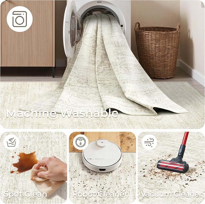 2'6 x 8' Runner Rug Non Slip,Washable Kitchen Rugs,Beige | Neutral Rugs for Kitchen,Entryway,Bedroom,Bathroom,Nursery Room,Thin,Soft Runner Rug,Stain Resistant Indoor Carpet