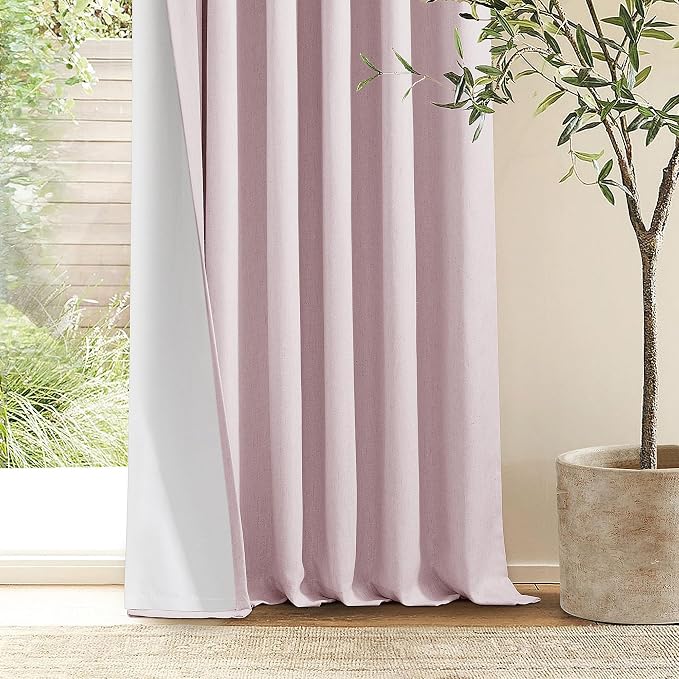 Light Pink 63 Inch Length Blackout Pinch Pleated Linen Curtains with Liner | Memory Trained Pleat with Hooks Rings, Thermal Insulated, 100% Black Out Curtains for Small Window Bedroom Nursery 2 Panels