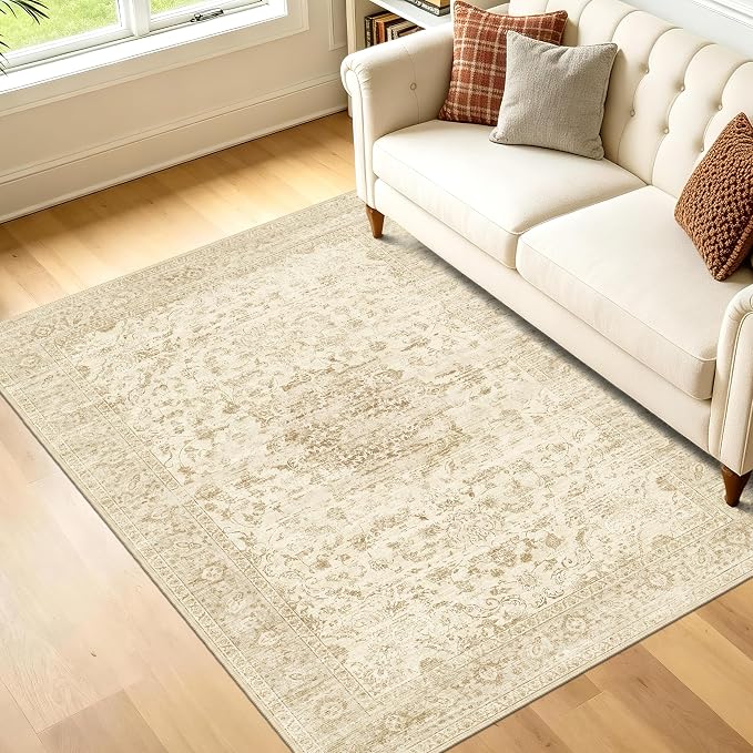 Neutral 3x5 Washable Rug, Beige Vintage Boho Carpet for Bedroom | for Living Room, Low Pile Small Indoor Area Rug with Non-Slip Silicone Backing, Non-Shedding