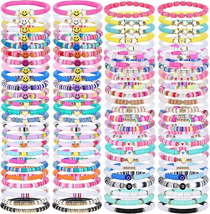 100 Pcs Friendship Bracelets for Women Bead Colorful Surfer Heishi Bracelet Set , Cute Clay Beaded Bulk Bracelets Stretch bracelets Clay for Women Stackable Bohemian Summer Beach Party, Graduation Party Favors, Birthday Gifts
