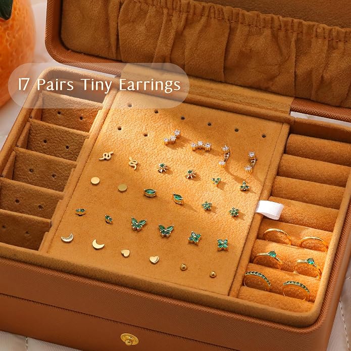 KRFY 25Pcs/17 Pairs Hypoallergenic Surgical Steel Earrings for Sensitive Ears 14K Gold Plated Flat Back Cartilage Earrings for Women Men Screw Back Flatback Stud Hoop Earring Set for Multiple Piercing