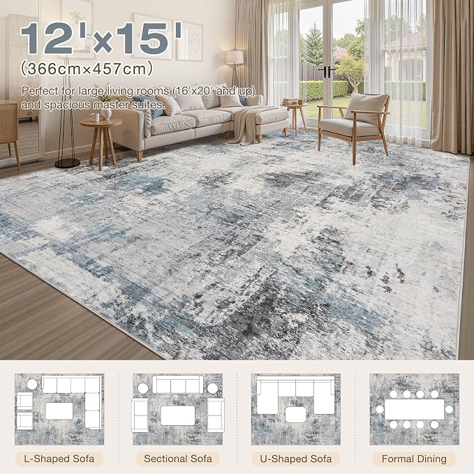 Abstract 12x15 Area Rug: Machine Washable Non Slip Ultra Thin Low-Pile Carpet, Soft Stain Resistant for Living Room Bedroom Office, Kid Pet Friendly, Robot Vacuum Compatible - Grey Blue