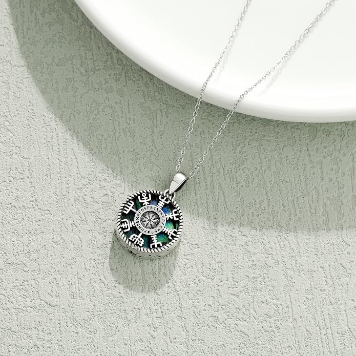 Viking Compass Necklace Sterling Silver Runes Vegvisir Pendant Necklace Mothers Day Jewelry Gift for Women Mom