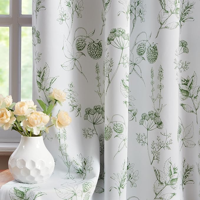 FMFUNCTEX 100% Blackout Green Floral Curtains 96 Inch Back Tab 2 Panels | Black Out Drapes, Thermal Insulated Cottage Farmhouse, Lichi Patterned Extra Long Curtain for Bedroom, Living Room Darkening