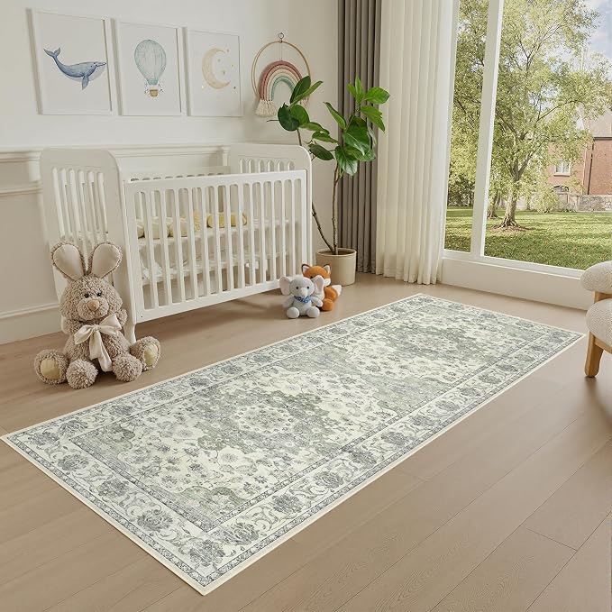 Sage Green Washable Hallway Runner Rug - 2x6 Kitchen Rug Distressed Low Pile Mats Non Slip Soft Rugs for Dining Room with Rubber Backing Bedroom Runner with Vintage Design (Green 2x6)