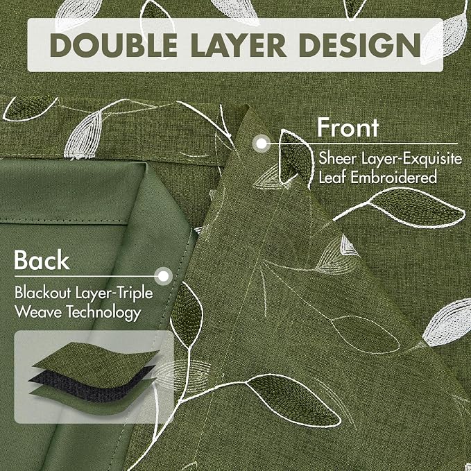 MIULEE Olive Green Double Layer Curtains 84 Inches Long, Leaf Patterned Sheer Floral Drapes and Blackout Room Darkening Window Curtains for Living Room Bedroom, Grommets Top, 52" W x 84" L, 2 Panels