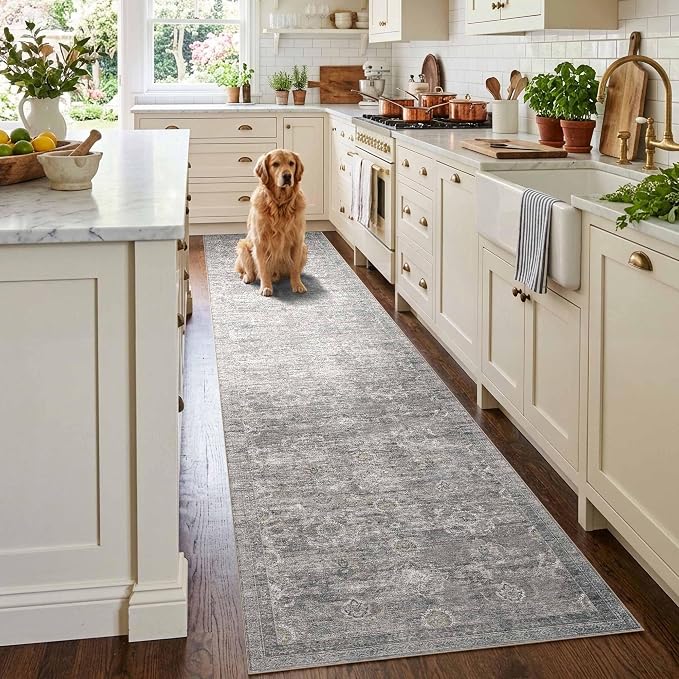 Rugxara 2x10 Washable Runner Rug for Hallway Kitchen Entryway, Taupe/Grey | Non Slip, Runner Rug for Bedroom Laundry Room Bathroom, Stain Resistant, Soft, Low Pile, Vintage Boho Retro Carpet