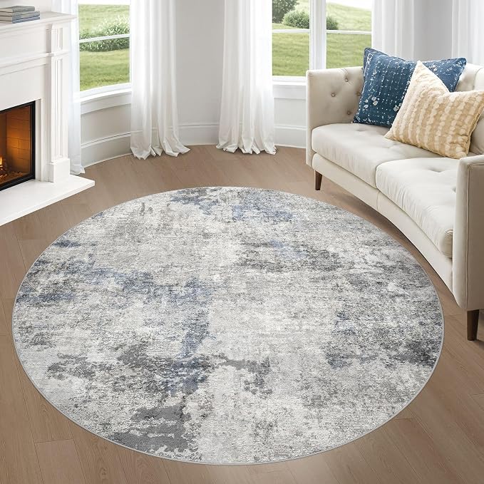 DMOYEST 6ft Round Area Rug for Living Room - 6x6 Washable & Non Slip Circle Rug, Kid & Pet Friendly Soft Low Pile Abstract Carpet for Bedroom and Dining Room - Grey Blue