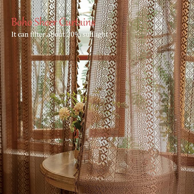 Sutuo Home Dark Coffee Boho Lace Curtains, Sheer Curtains 102 inches Long for Living Room Bedroom Light Filtering Caramel Privacy Vintage Tassels Bohemian Window Treatments Rod Pocket, 2 Panels 50" W