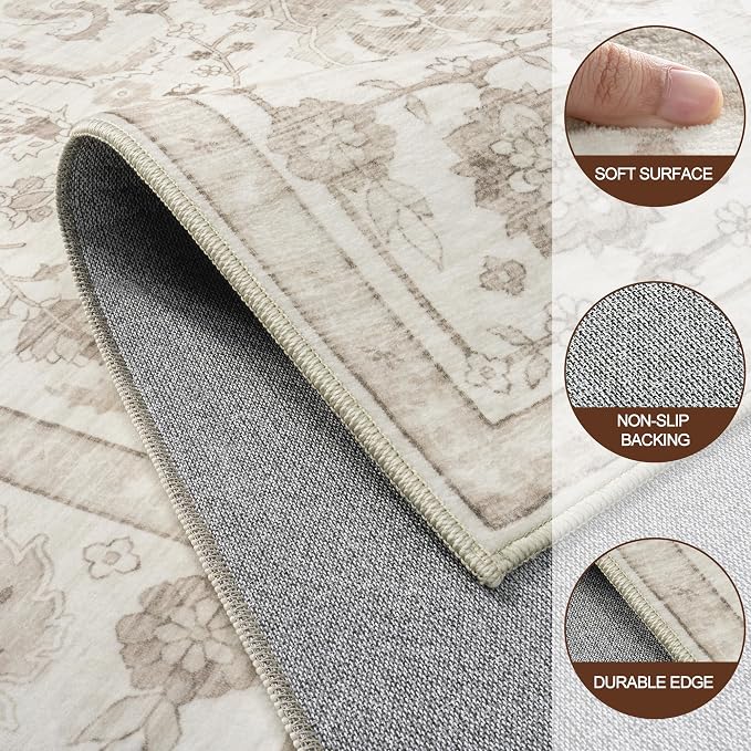 5x7 Area Rugs for Living Room:Beige Washable Vintage Medallion Carpet Non-Slip Soft Low Pile Large Rugs Indoor Retro Rug for Bedroom Nursery Dining Table Office Home(Beige White 5'x7')