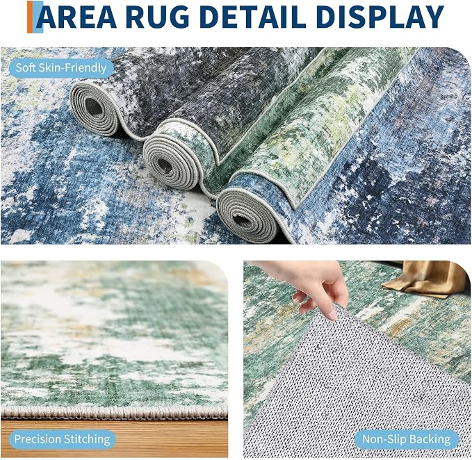 ROYHOME Abstract Rugs 10x14 Washable Modern Area Rug Stain Resistant for Living Room Soft Carpet with Non-Slip Backing for Bedroom Dining Table Nursery Green