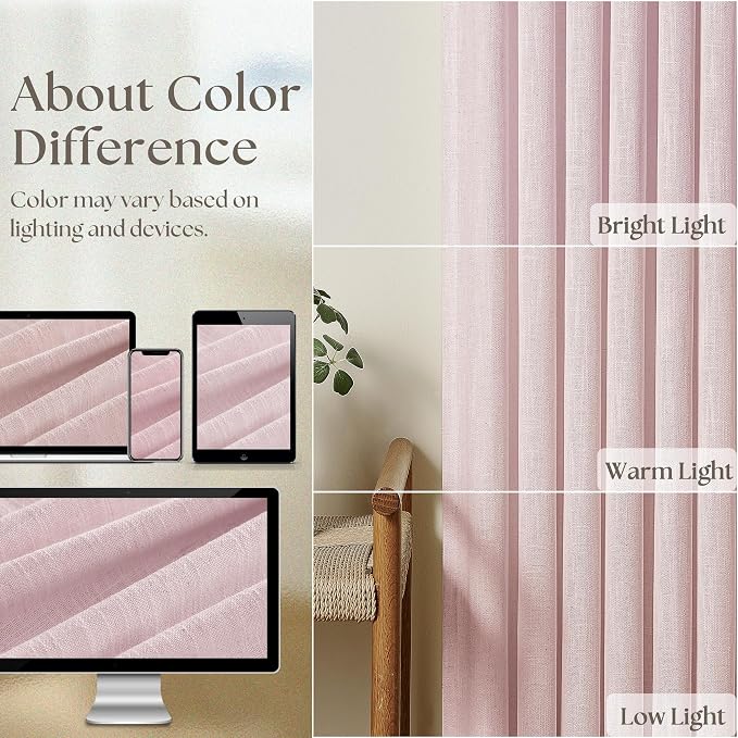 Light Pink Linen Pinch Pleat Curtains 96 Inch Length 2 Panels Set 40x96 | for Nursery Girls Bedroom Living Room, Pinch Pleat Memory Shape Trained, Light Filtering Privacy Semi Sheer, Baby Pink Blush