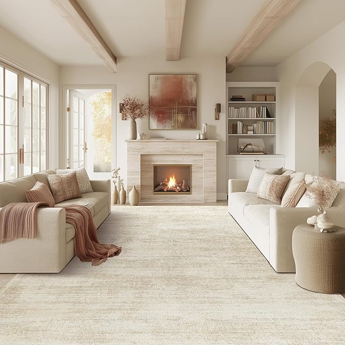 Living Room Rug 6x9 Washable Tan Beige Neutral Rugs with Non Slip Low Pile | Cream Brown Carpet for 6 By 9, Abstract Boho Modern, for Dining Room Under Table, Bedroom Office, Foldable Rubber Backed