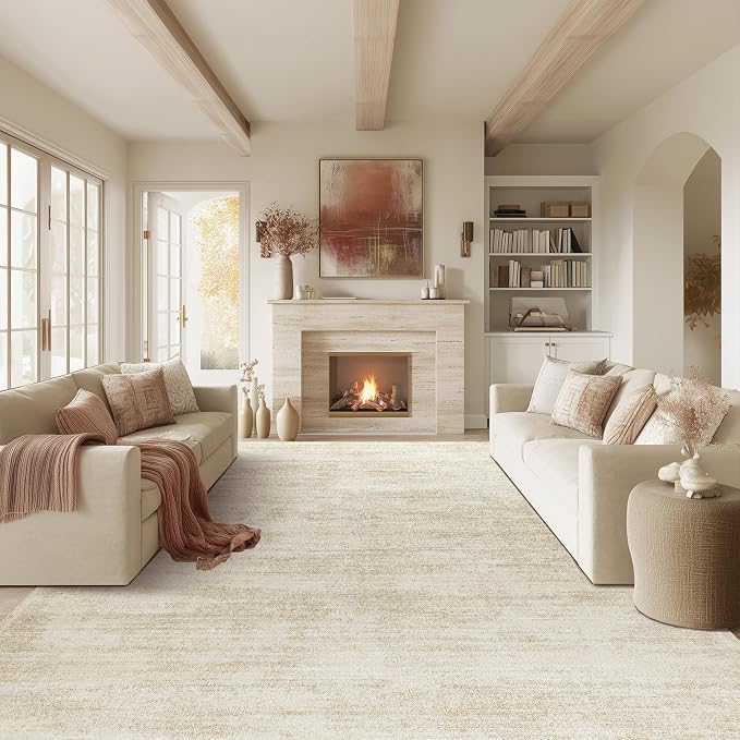 BILEEHOME 8x10 Neutral Rug for Bedroom Washable Tan Beige Low Pile Carpet | 8 x 10 Area Rugs for Living Room, Playroom, with Non Slip Foldable, Abstract Modern Aesthetic, Cream Brown Rubber Backing