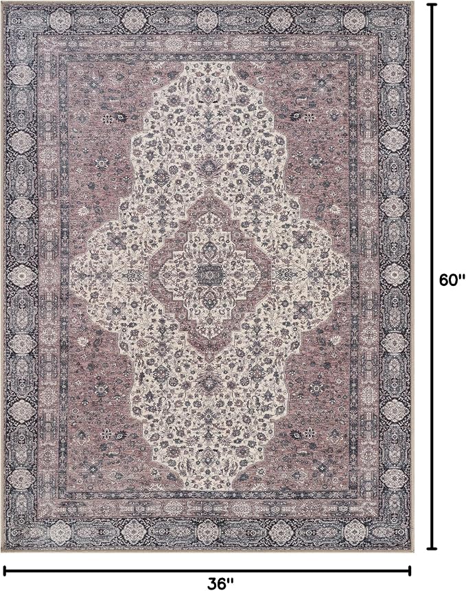 Bloom Rugs Washable Non-Slip 3' x 5' Rug - Cream/Green Traditional Medallion Area Rug for Living Room, Bedroom, Dining Room, and Kitchen - Exact Size: 3' x 5'