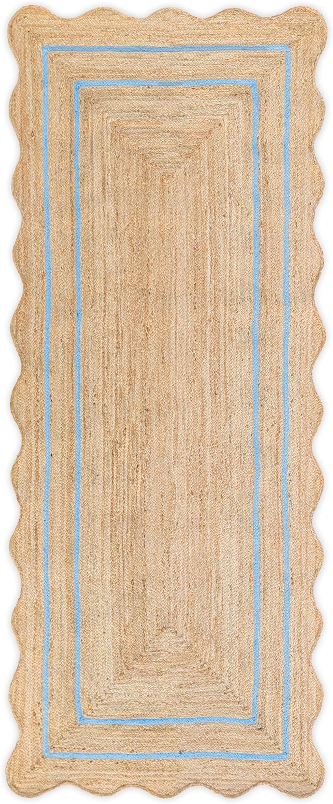 Wave Scalloped Natural Jute Rug Boho Jute Rug Entryway Runner Rug Farmhouse Scallop Rug, Sky Blue (2'x12')