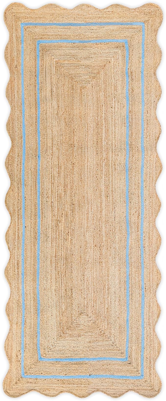 Wave Scalloped Natural Jute Runner, Sky Blue (2'6"x18'): Boho Farmhouse Entryway Scallop Rug