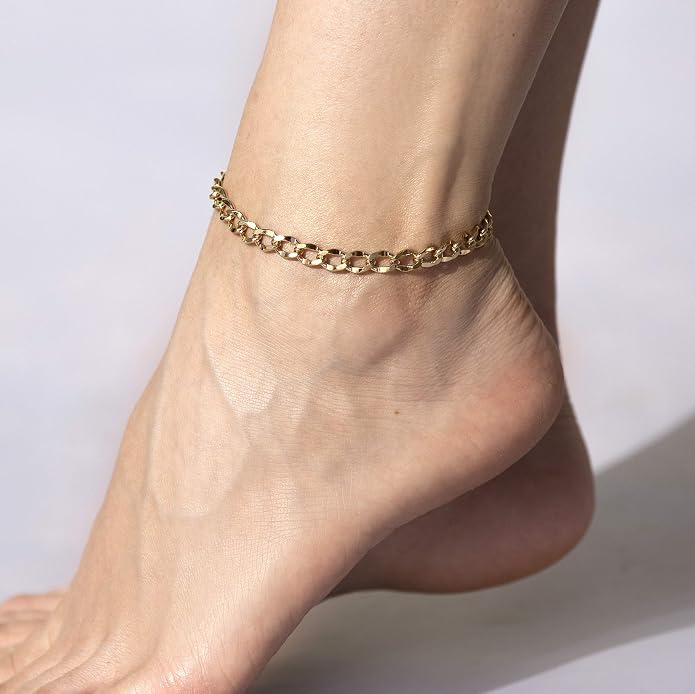 LIFETIME JEWELRY Womens Gold Anklet Diamond Cut Curb Link Ankle Bracelet 24k Gold Plated