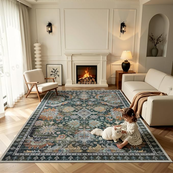 Ruaruarug Area Rug 8'×10', Non Slip Machine Washable Ultra Soft Stain & Fade Resistant, Pet & Kids Friendly, for Living Room/Bedroom/Kitchen/Classroom, Dark Green
