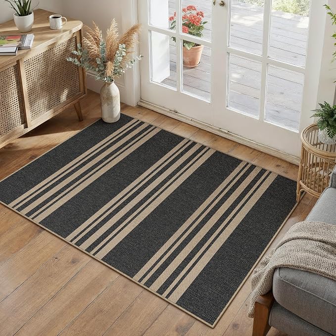 PureCozy Outdoor Rug 2x3 Washable Striped Jute Look Non Slip Mat | Black Farmhouse Design, Indoor Outdoor Entryway Door Mat for Kitchen, Mudroom and Bathroom, Non Shedding, Easy Care