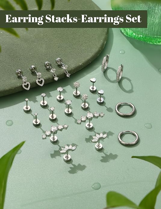 LOLIAS Hypoallergenic Flat Back Earrings for Women Cartilage Earrings Stacks-20G Surgical Stainless Steel Flatback Stud Hoop Earring Set Daith Conch Tragus Helix Piercing Jewelry