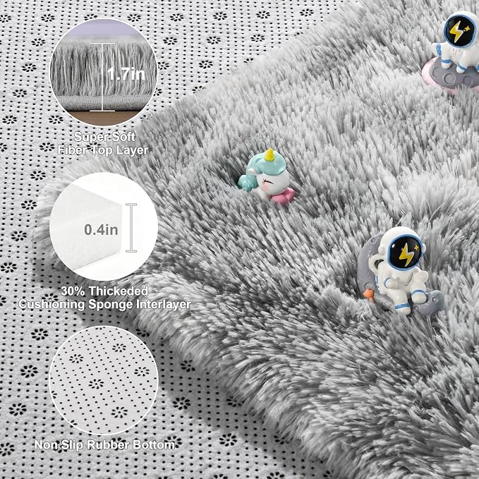 Fluffy Rugs for Living Room:Tie-dye White Grey Soft Shag Rug for Bedroom, Large Fuzzy Plush Indoor Floor Carpet Non Slip Modern Rug for Nursery Boys Girls Kids Room Dorms Home Decor, 9x11 Feet