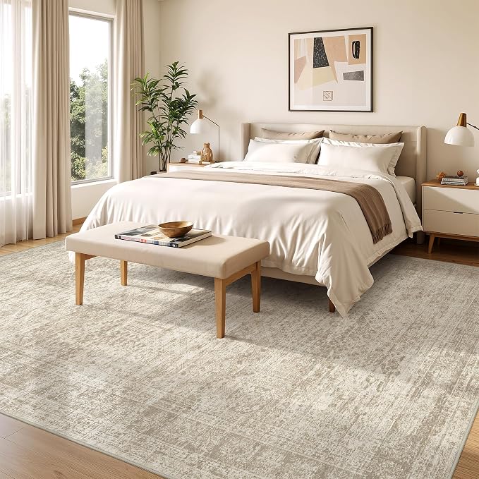 8x10 Area Rugs for Living Room,Large Washable Rug,Beige | Rugs for Bedroom,Dining Room,Office,Low Pile,Soft, Neutral Rug,Stain Resistant Indoor Carpet,Non Slip,Home Decor