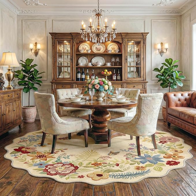 FMFUNCTEX 6ft Round Washable Beige Boho Scalloped Area Rug for Living Room | Floral Vintage Flower Colorful Traditional Soft Cream Large Non Slip Low Pile Circle Rug Neutral Dining Room Bedroom Nursery
