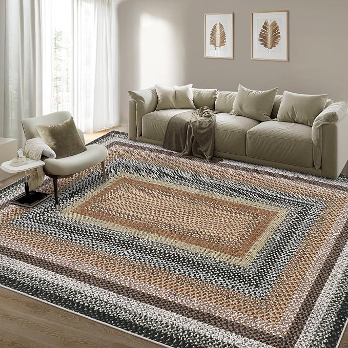 RUGSREAL Large Living Room Area Rug 10x13 Braided Washable Rug Non Slip Bedroom Rug Stain Resistant Dining Room Throw Carpet Braid Printed Farmhouse Accent Carpet for Home Decor Office, Sand/Bronze