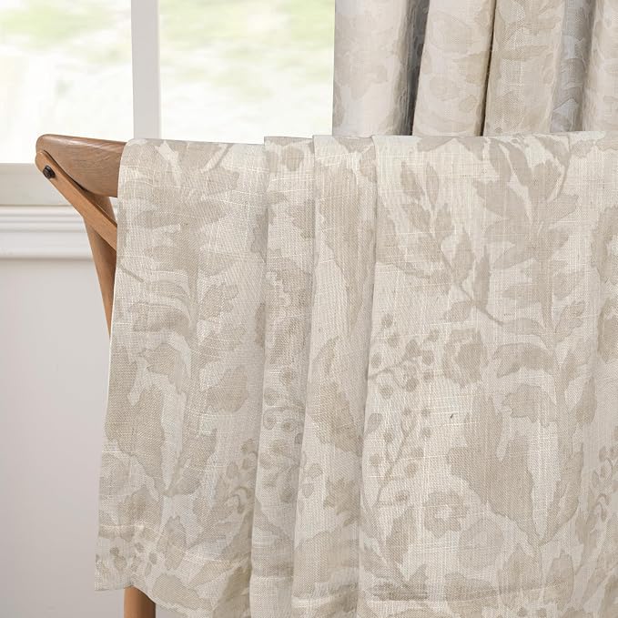 DriftAway Julia 100% Blackout Curtains Grommet 2 Panels, W52xL96, Beige | Floral Curtains, Bedroom, Living Room, Linen Blend, Watercolor Pattern, 2 Layers, Thermal Insulated, Window Treatment