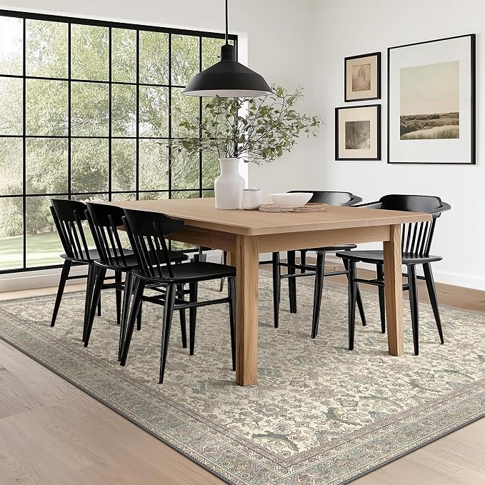 BESBLEE 3X5 Area Rugs Machine Washable Rugs for Living Room, Vintage Boho Large Rugs for Bedroom Dining Room, Non Slip Indoor Soft Distressed Lightweight Thin Low Pile Carpet, Cream