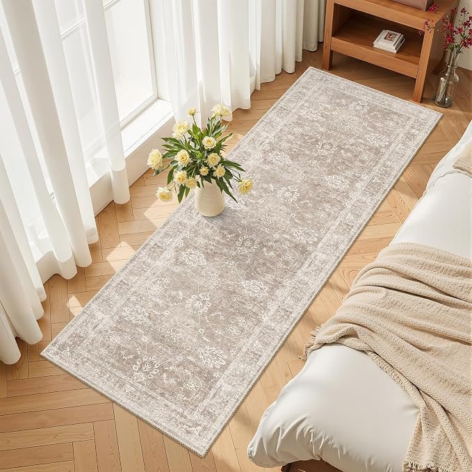 Madane Washable Runner Rug 2x5 with Non-Slip Rubber Backing, Vintage Kitchen Hallway Rug Soft Low Pile Throw Carpet Runner for Entryway Laundry Bathroom Bedroom Living Room (2 x 5, Brown/Sand)