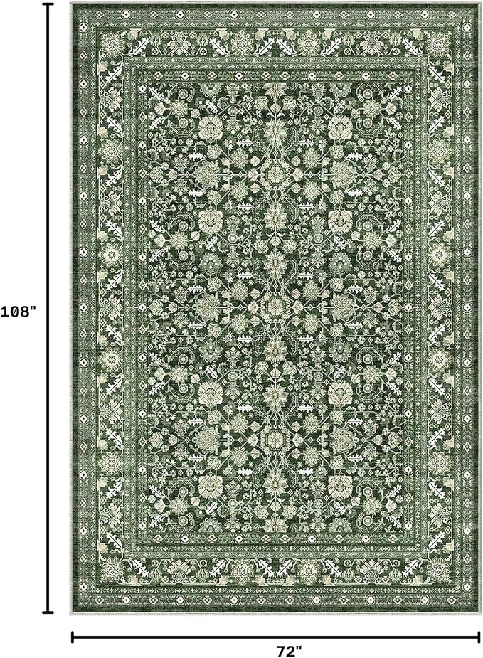 OPPODREAM Low-Pile Area Rugs, Faux Wool Carpet for Living Room, Kitchen, Office, Dorm, Bedroom, Vintage Washable Rug Non Slip, Dark Green, 6'x9'