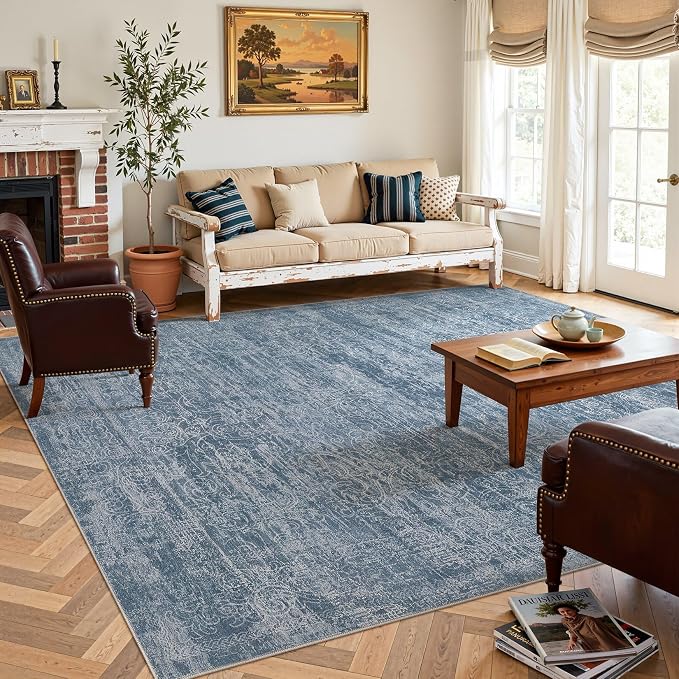 DMOYEST Area Rug Living Room Rugs - 8x10 Washable Large Soft Indoor Neutral Modern Abstract Low Pile Rug Carpet for Bedroom Dining Room Farmhouse Home Office - Dark Blue