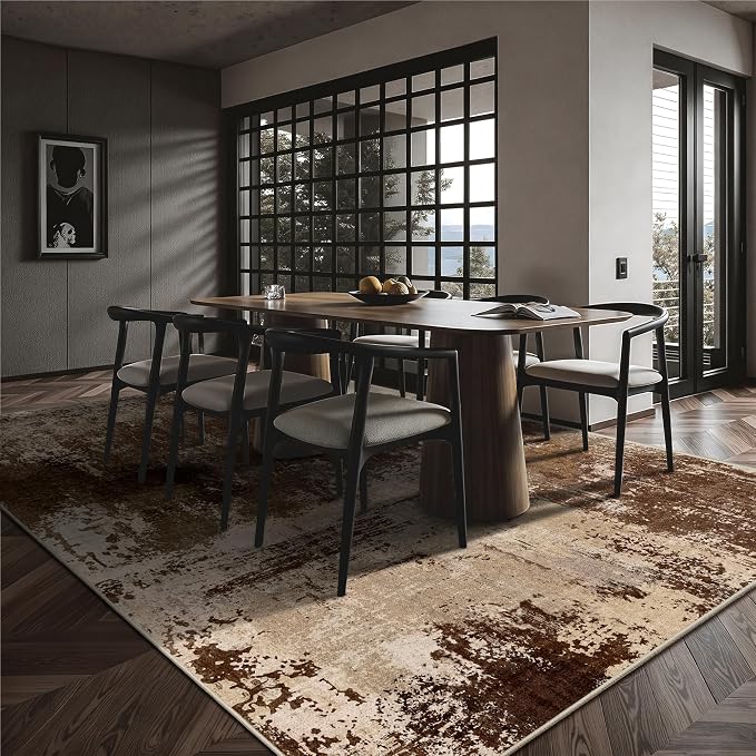 5x7 Area Rugs - Modern Abstract Washable Rug, Ultra Soft Non Slip Low Pile Large Rugs for Living Room, Floor Carpet for Bedroom Dining Room Office Laundry Nursery Home(A-Brown)