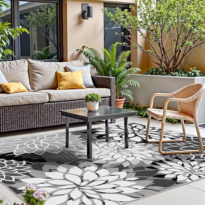 5x8 Outdoor Area Rug Washable Multicolored Patio Rug Tropical Botanical Floral Chenille Waterproof Outdoor Carpet for Living Room, Deck, Backyard, Porch, Black