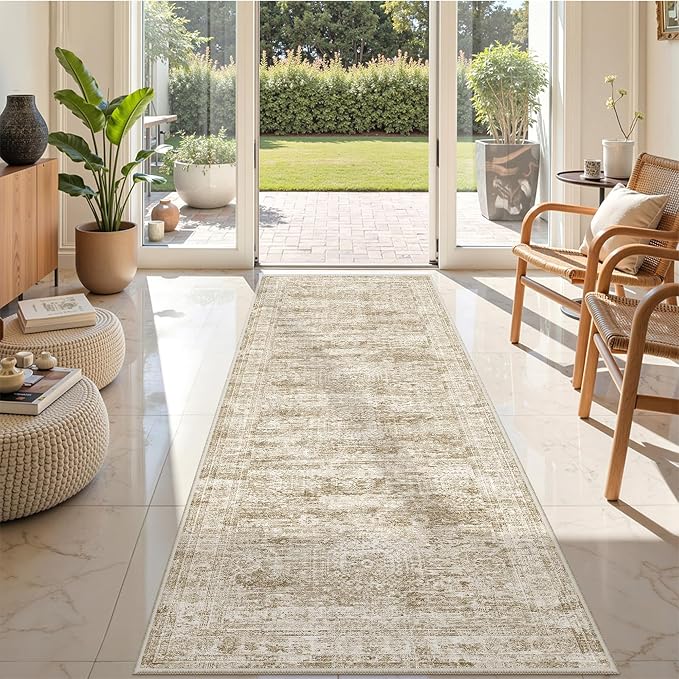2'6 x 8' Runner Rug Non Slip,Washable Kitchen Rugs,Brown | Neutral Rugs for Kitchen,Entryway,Bedroom,Bathroom,Nursery Room,Thin,Soft Runner Rug,Stain Resistant Indoor Carpet