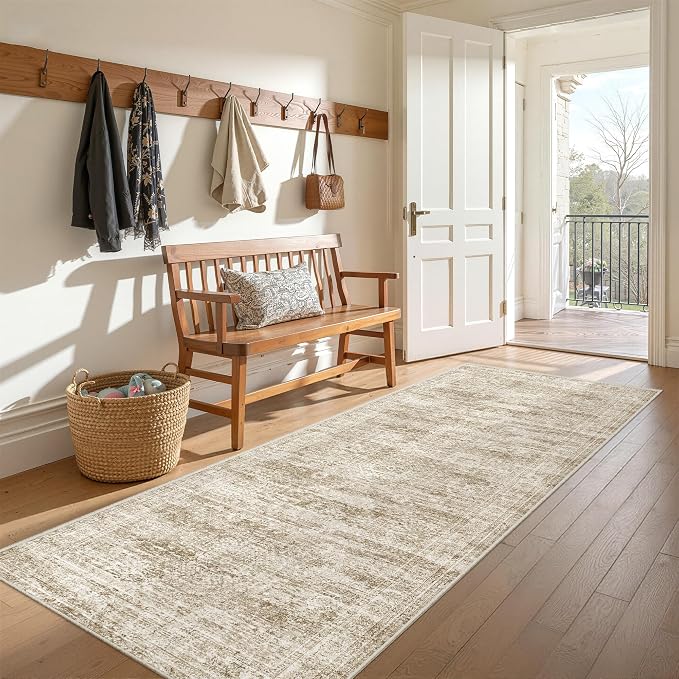 3x8 Runner Rug Non Slip,Washable Hallway Runner Rug,Brown | Neutral Rugs for Kitchen,Entryway,Bedroom,Bathroom,Nursery Room,Thin,Soft Runner Rug,Stain Resistant Indoor Carpet