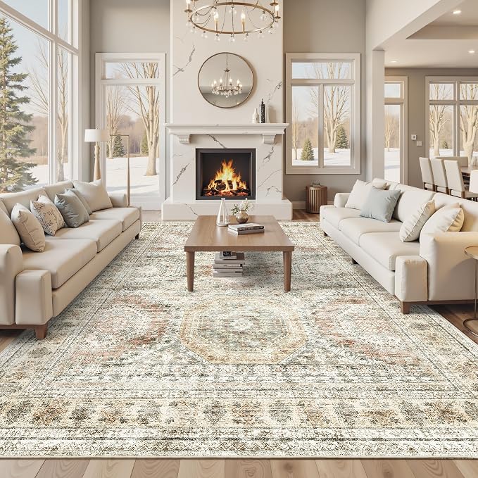 Soalmost 10x14 Area Rugs for Living Room, Non Slip Machine Washable Vintage Rugs, Low Pile Lightweight Large Rug for Bedroom, Dining Room, Home Office Brown Pink