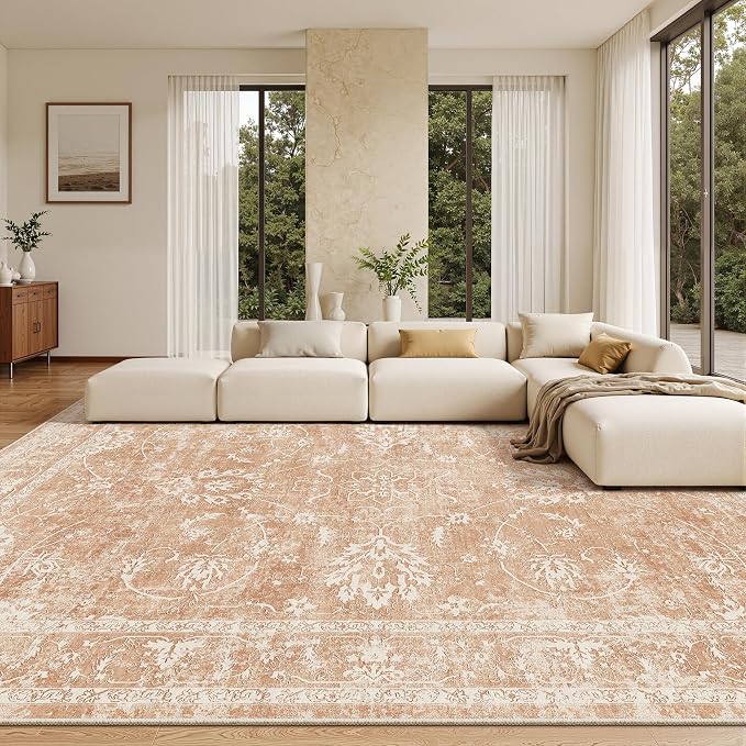 Madane Living Room 10x14 Area Rugs, Washable Low Pile Non-Slip Stain Resistant Extra Large Thin Rug, Vintage Soft Throw Carpet for Dining Room Bedroom Farmhouse Home Office (10 x 14, Jasper Orange)