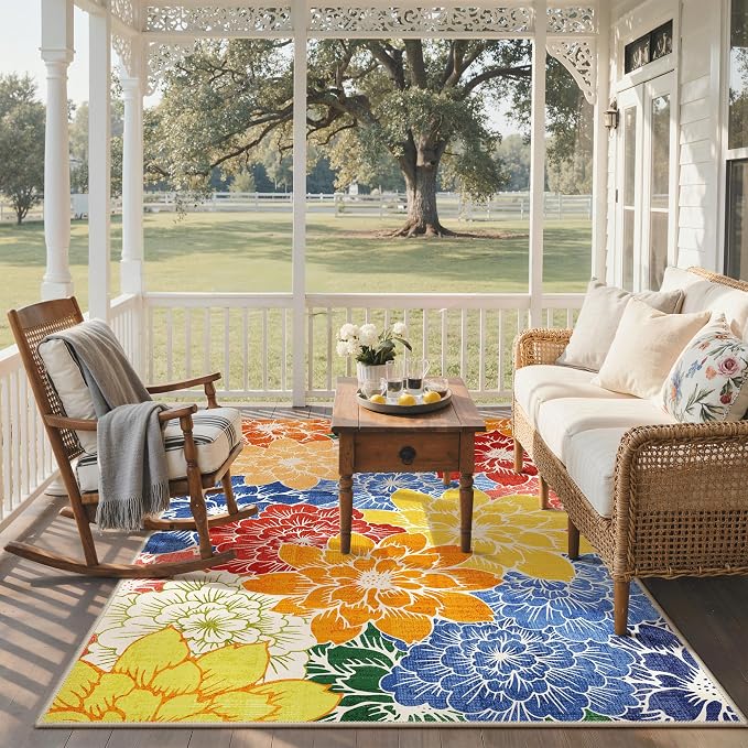GENIMO 8x10 Outdoor Rug, Washable Quick Dry for Patio, Multicolor | Floral design for backyard; fade resistant chenille with quick-dry non-slip backing for indoor living rooms