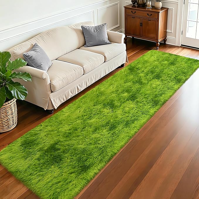 2x10 Feet Tie-Dye Green Shag Fluffy Rug for Bedroom, Soft Fuzzy Plush Long Runner Carpet, Cute Grass Green Runner for Hallway, Kids Girls Room, Baby Nursery, Teen Dorm, Home Decor Aesthetic