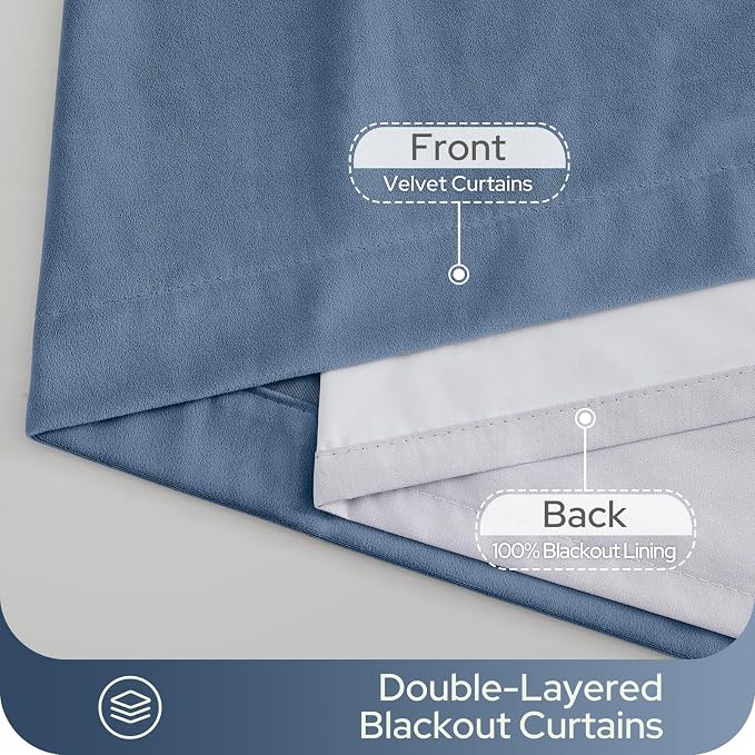 HOMEIDEAS 100% Blackout Blue Velvet Curtains, Thermal Noise Reduction Soft Luxury Vintage Christmas Velvet Curtains for Bedroom Decor, Living Room, Home, 52 X 108 Inch, 2 Panels