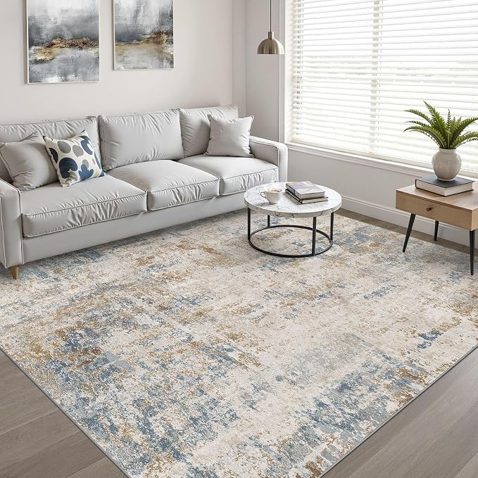 10x12 Area Rug Living Room: Washable Large Neutral Rug Abstract Soft Modern Stain Resistant Indoor Floor Non-Slip Carpet for Bedroom Nursery Kids Office Playroom Dining Room Under Table- Blue Brown