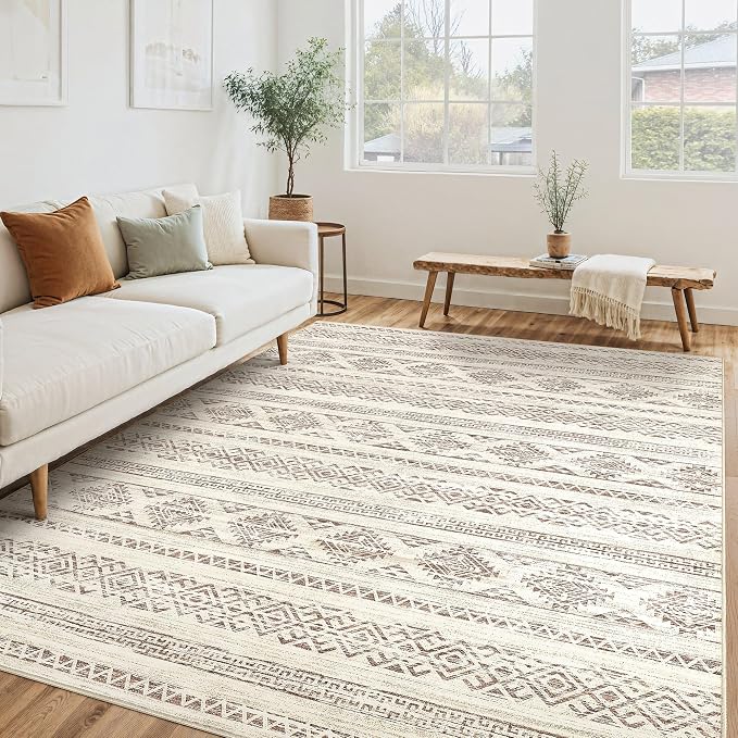 Tortania Area Rug Living Room Rugs - 5x8 Washable Large Soft Neutral Boho Moroccan Bohemian Farmhouse Rug Indoor Floor Carpet for Bedroom Under Dining Table Home Office Decor - Brown